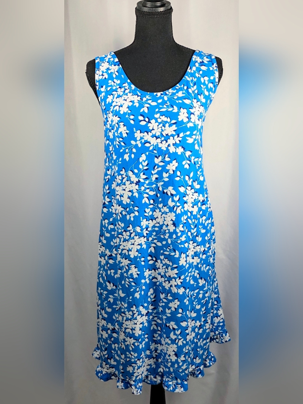 Blue White Floral Sleeveless Dress Ruffle Hem Summer Shift Dress XL